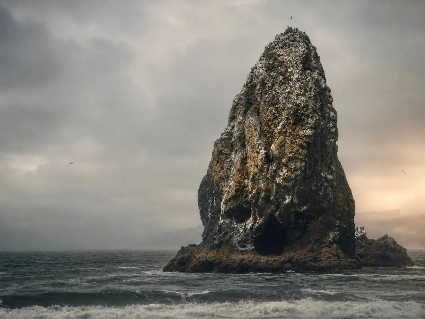 A tall basalt sea stack streaked white by seabirds, gulls circling under a stormy sky